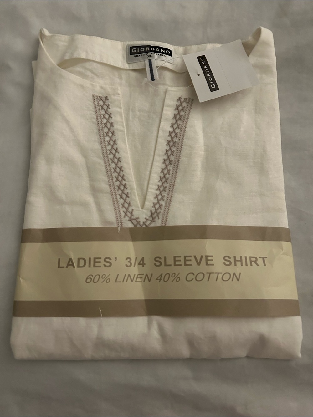 Giordano Women's Cream 3/4 Sleeve Linen-Cotton Blouse